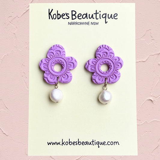 Purple Flower Dangles with Freshwater Pearls