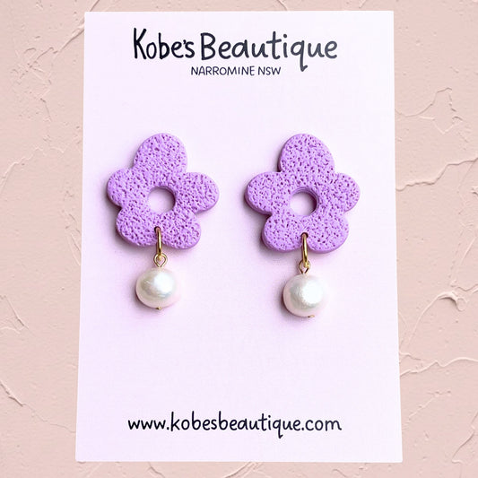 Purple Flower Dangles with Freshwater Pearls