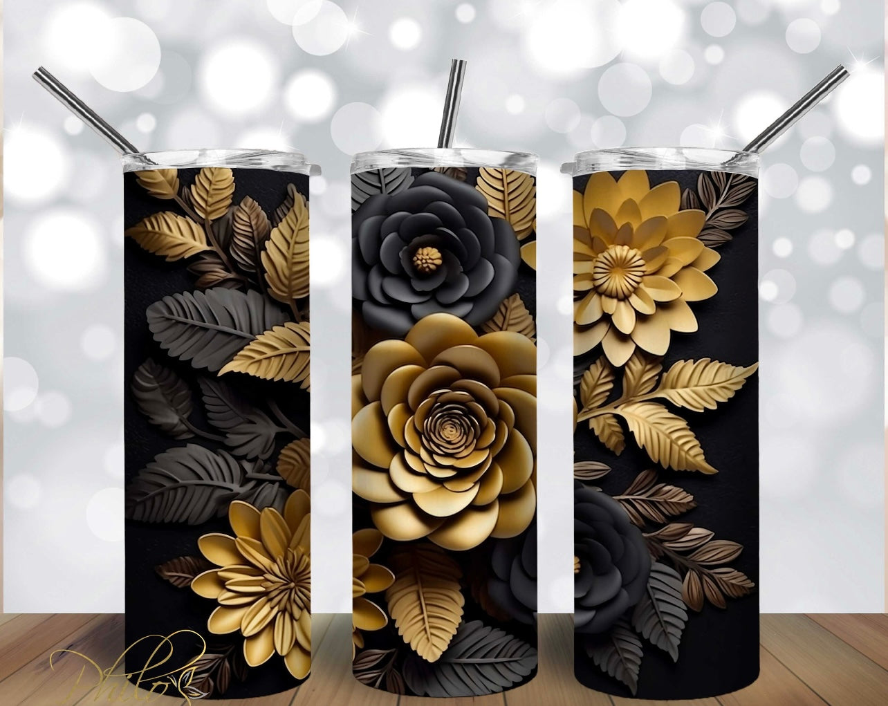 3d Black & Gold Flowers - Tumbler