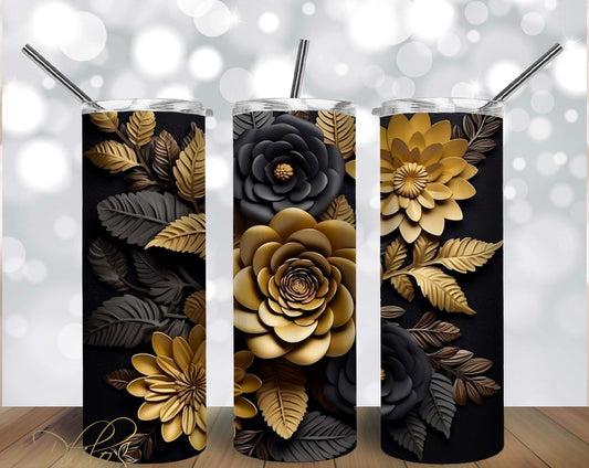 3d Black & Gold Flowers - Tumbler