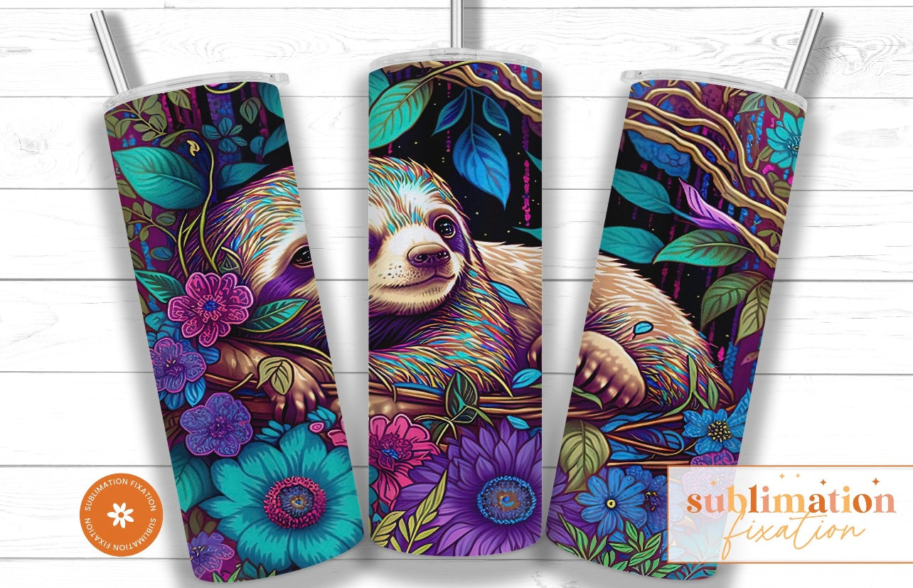 Neon Sloth with Flowers - Tumbler