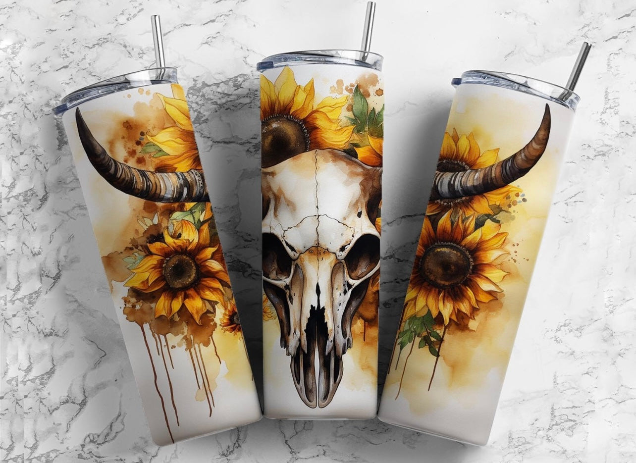 Longhorn Bull Skull with Sunflowers - Tumbler