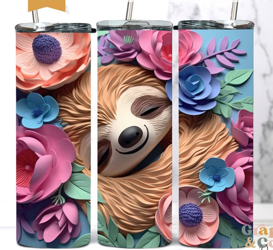 3d Cute Sloth with Flowers  - Tumbler