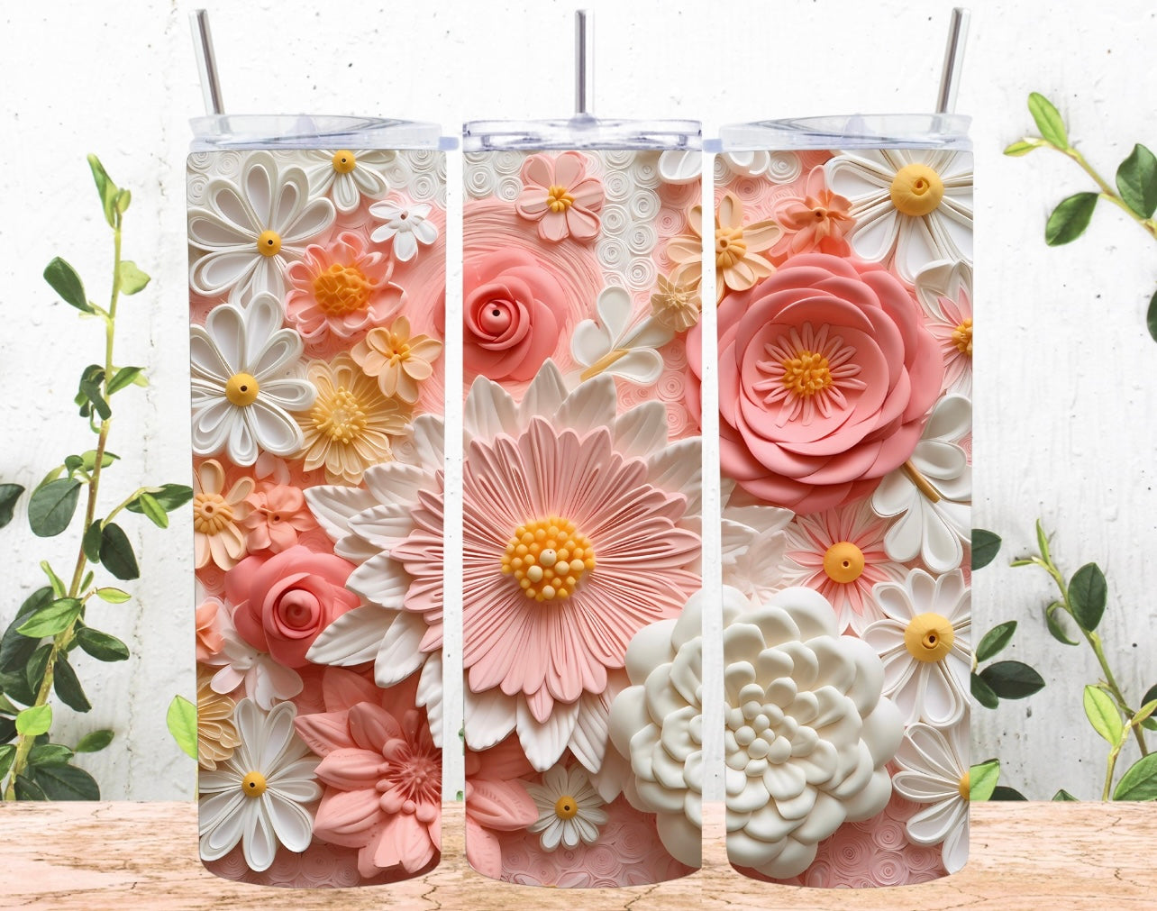 3d White & Pink Flowers - Tumbler