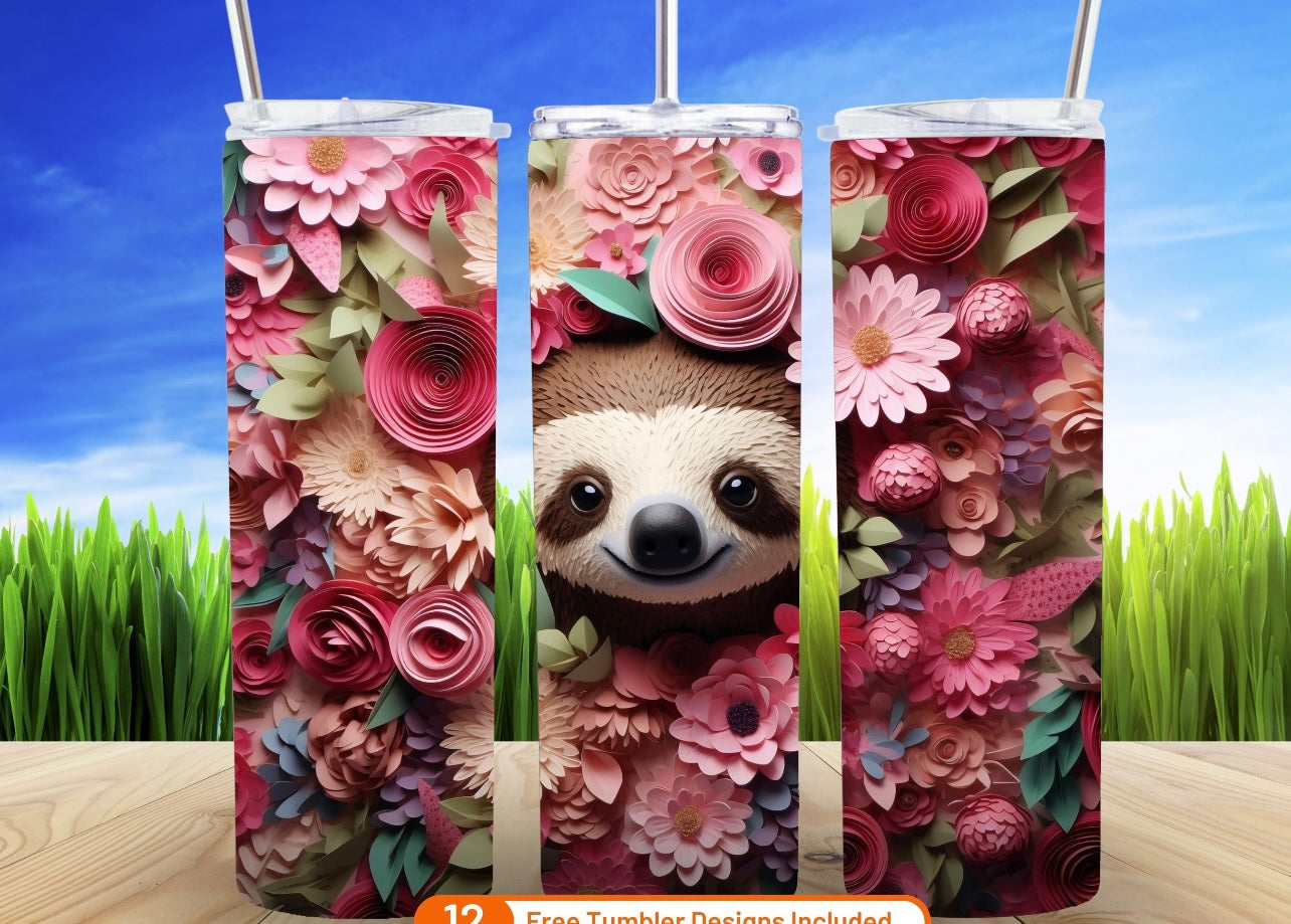 3d Floral Sloth  - Tumbler