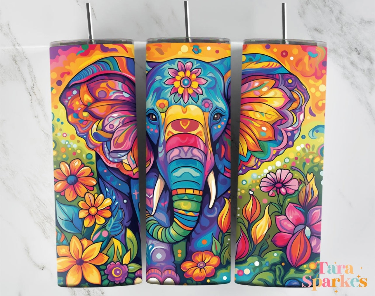 Neon Elephant with Tulips - Tumbler