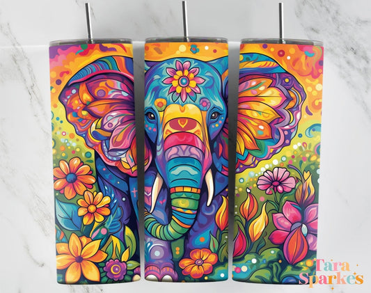 Neon Elephant with Tulips - Tumbler